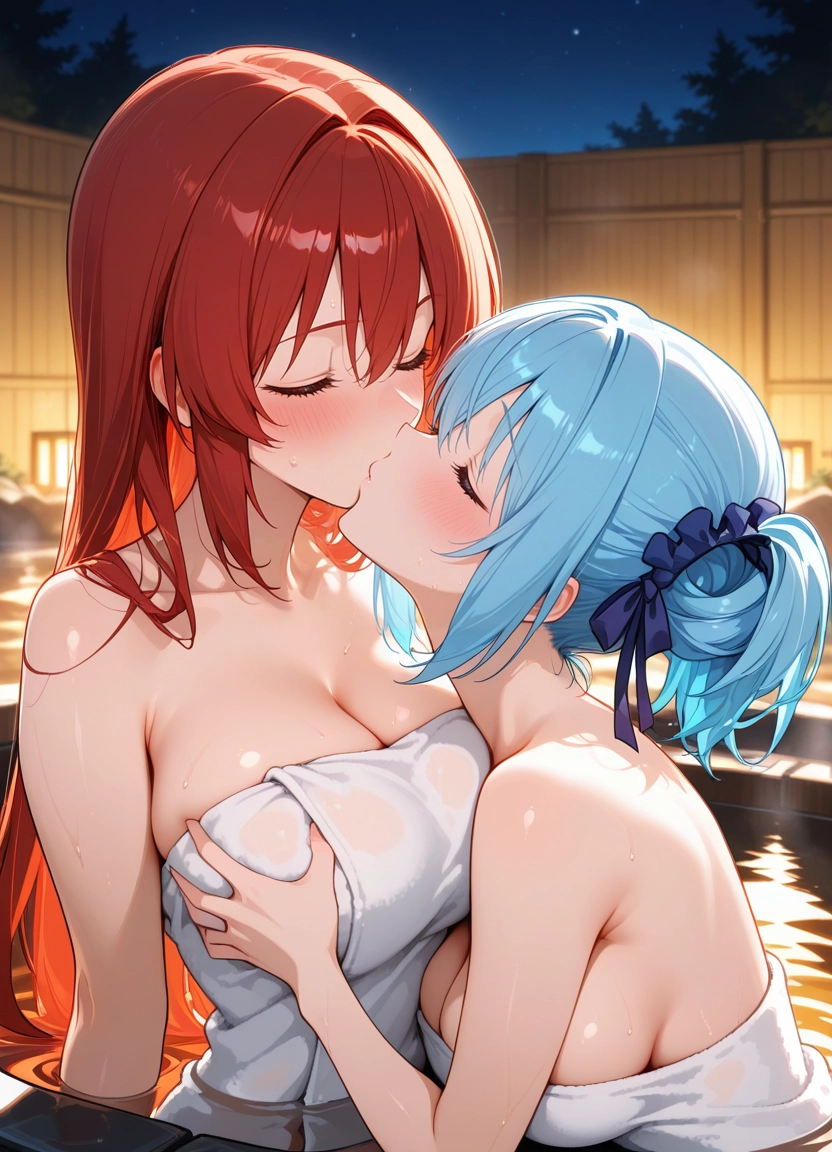 breasts, multiple girls, 2girls, yuri, towel, kiss · Yamete.gg