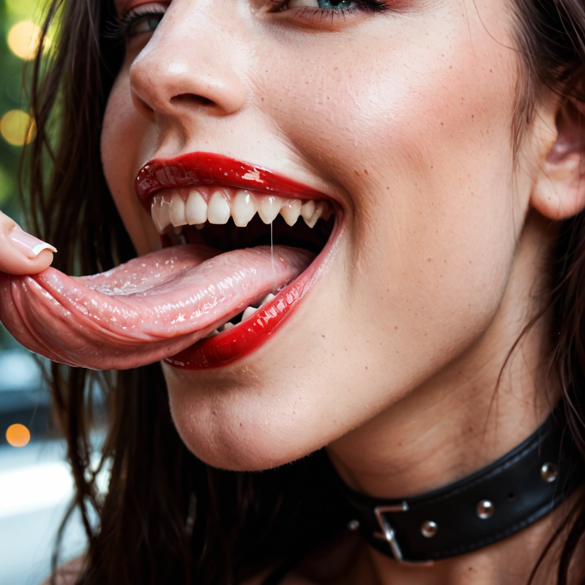 1girl, solo, tongue, teeth, tongue out, open mouth