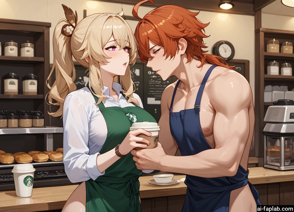 1girl, 1boy, apron, naked apron, blonde hair, ponytail · Yamete.gg