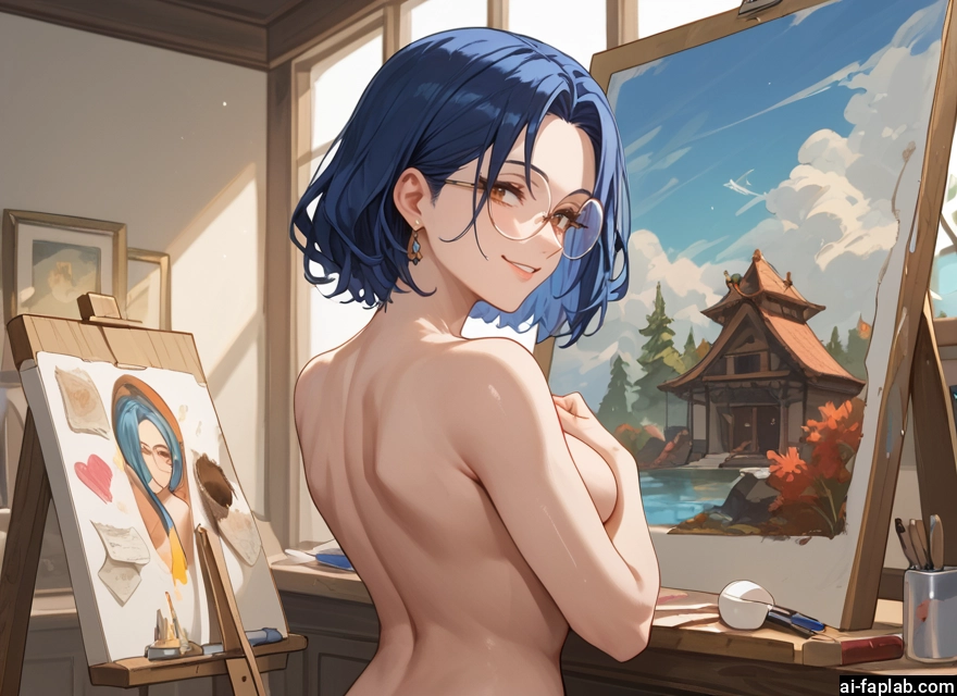 1girl, nude, breasts, jewelry, short hair, earrings