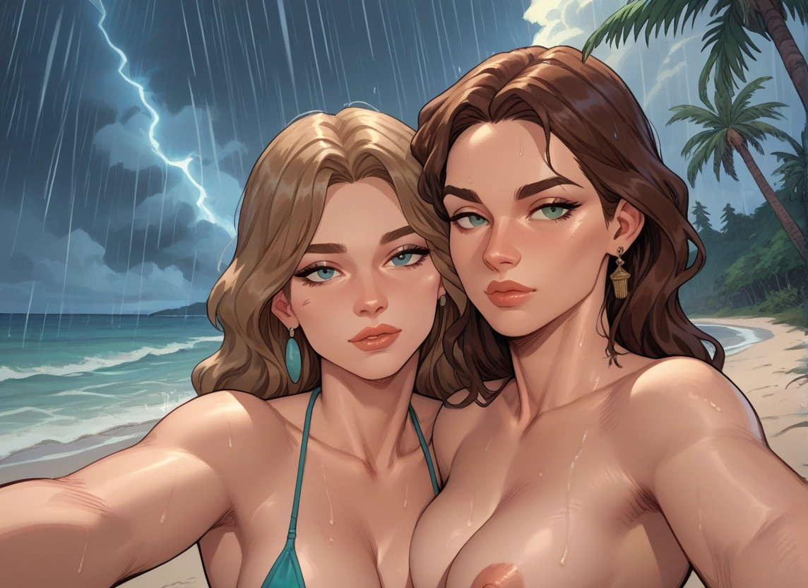 multiple girls, 2girls, breasts, selfie, nipples, earrings · Yamete.gg