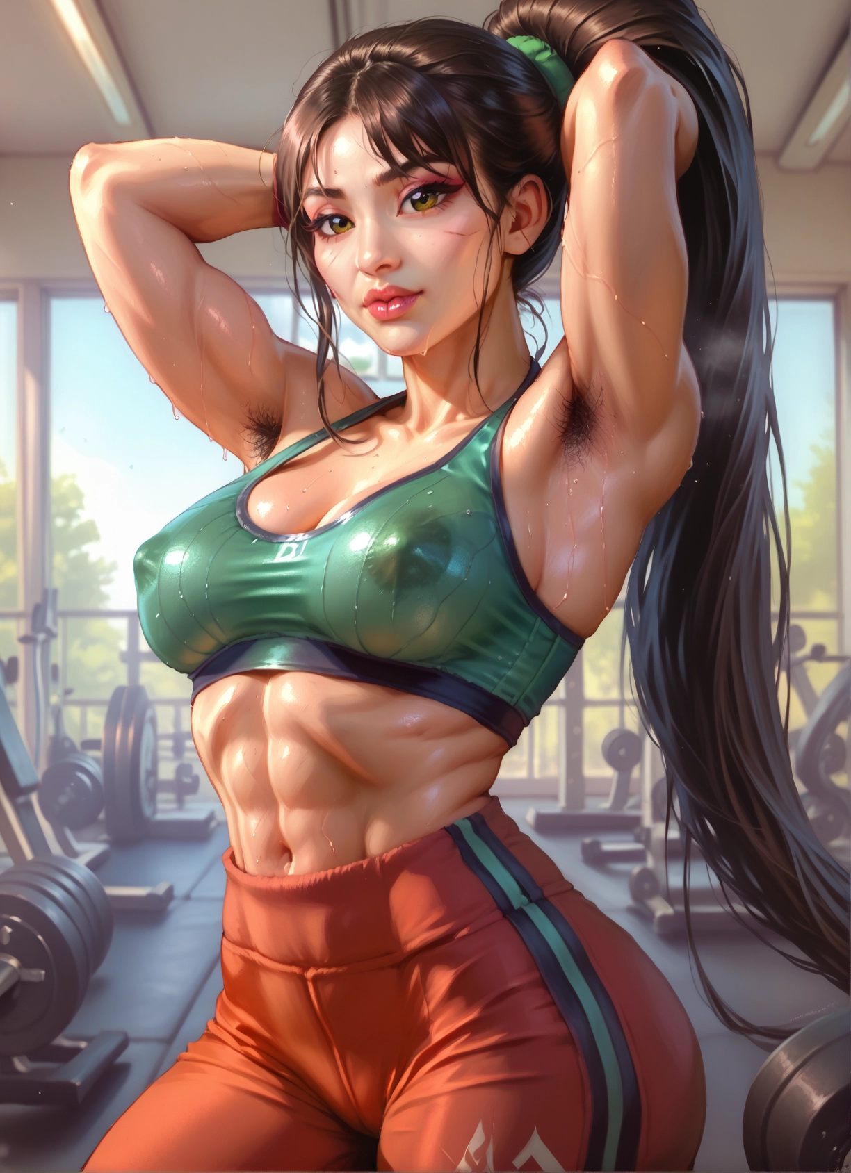 1girl, breasts, long hair, armpit hair, armpits, sweat · Yamete.gg