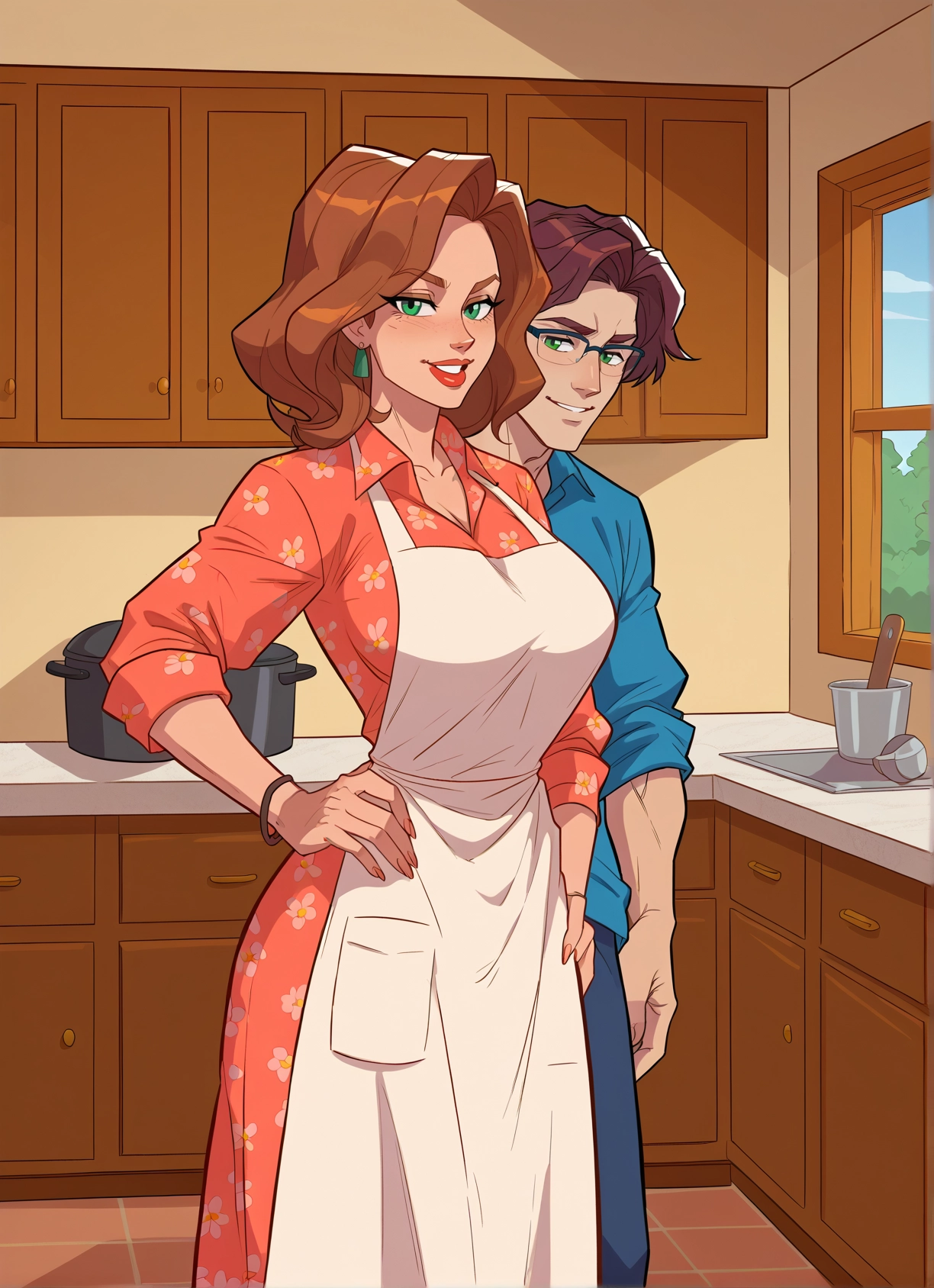1girl, 1boy, apron, green eyes, jewelry, breasts · Yamete.gg
