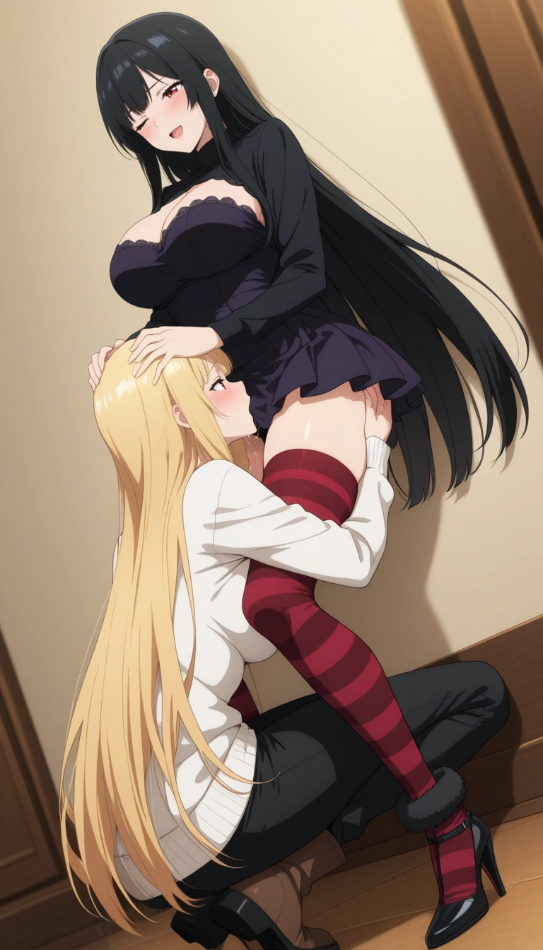 breasts, long hair, multiple girls, 2girls, large breasts, thighhighs