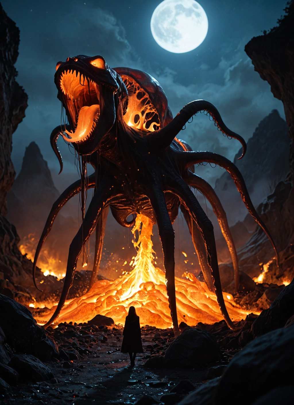 moon, full moon, tentacles, night, sky, fire · Yamete.gg