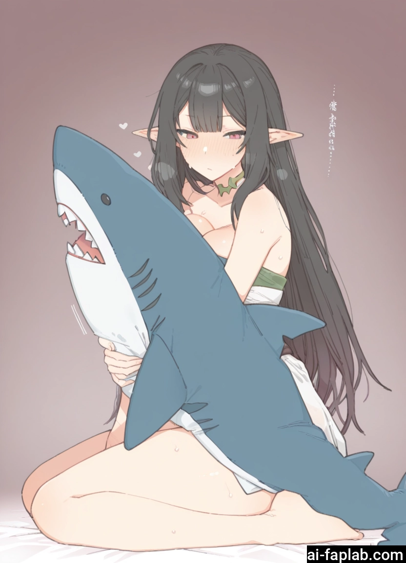 1girl, breasts, pointy ears, long hair, solo, stuffed toy