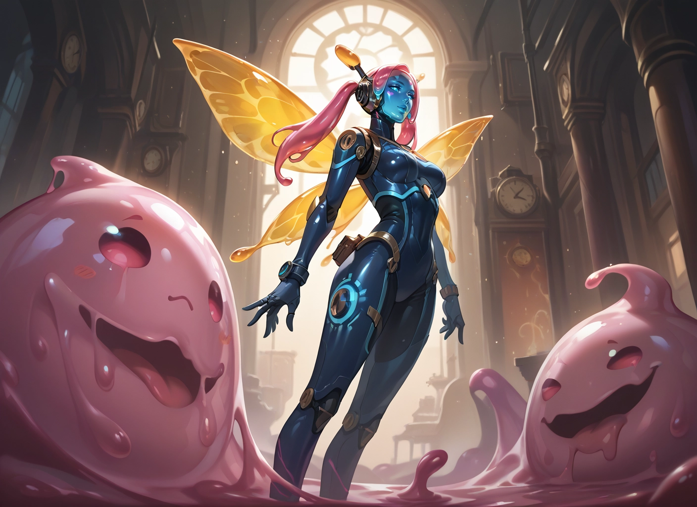 1girl, wings, pink hair, breasts, joints, twintails · Yamete.gg