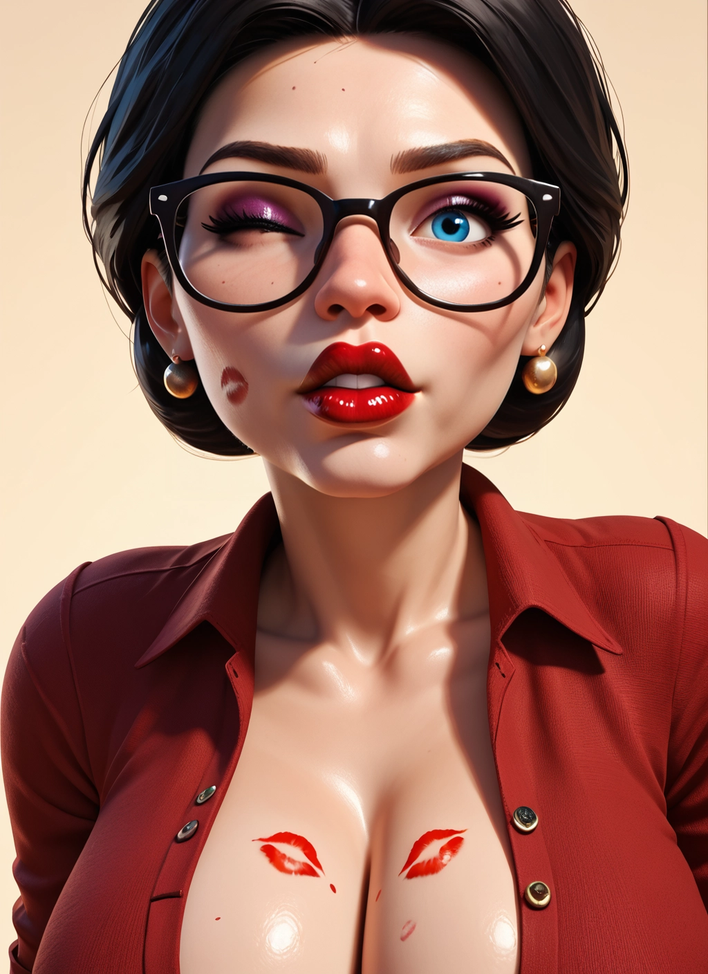 1girl, breasts, jewelry, glasses, earrings, solo