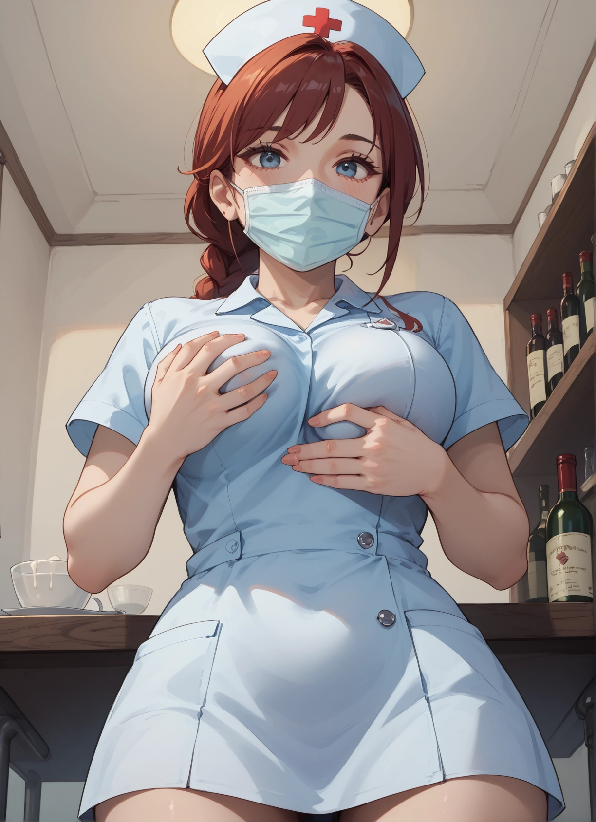 1girl, solo, mouth mask, breasts, blue eyes, nurse cap · Yamete.gg