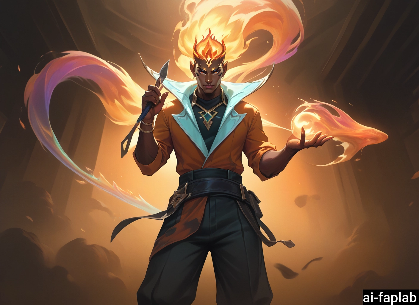 solo, 1boy, male focus, fire, pants, jewelry · Yamete.gg