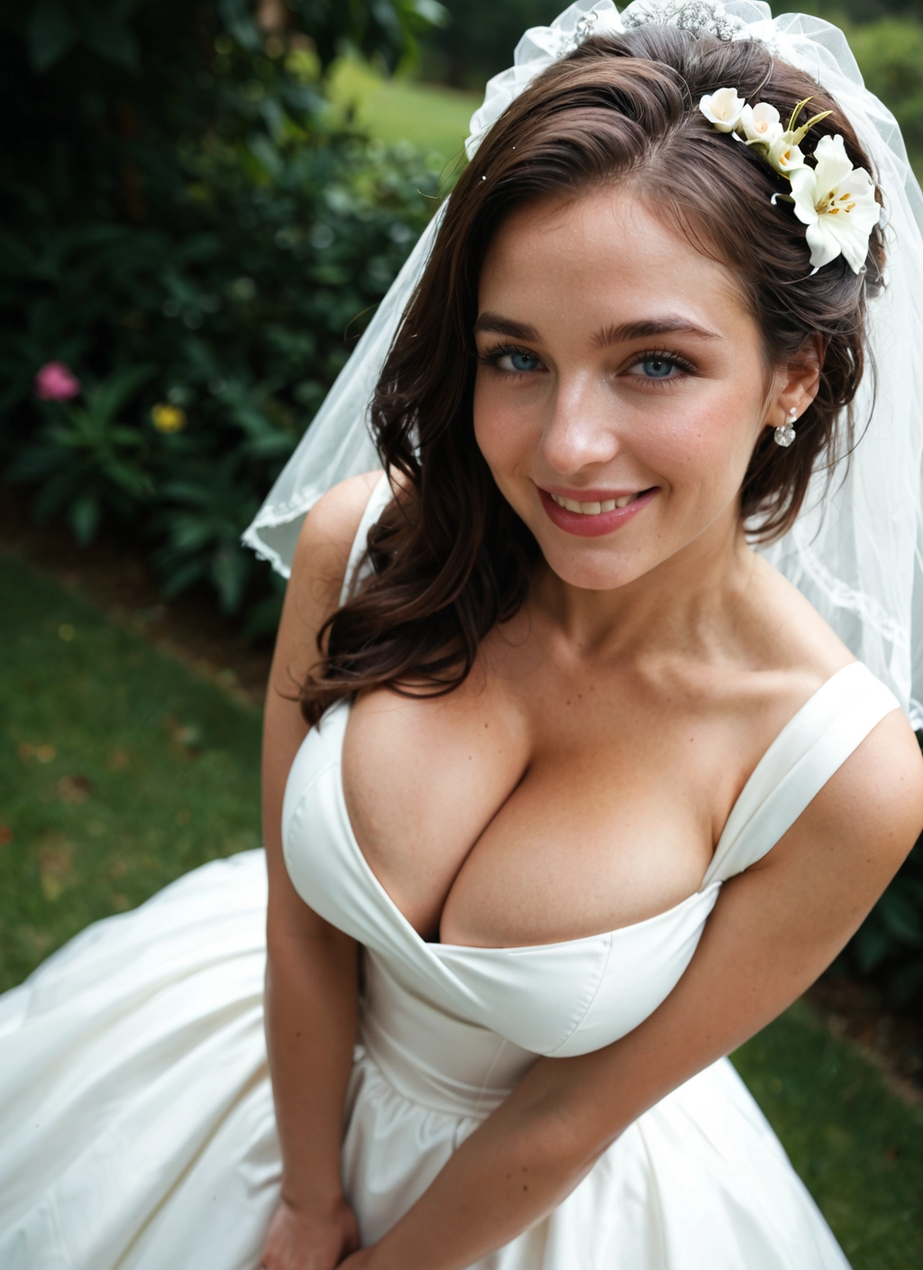 1girl, breasts, dress, cleavage, solo, wedding dress · Yamete.gg
