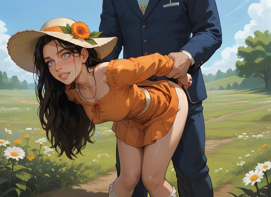1girl, 1boy, hat, flower, outdoors, long hair · Yamete.gg