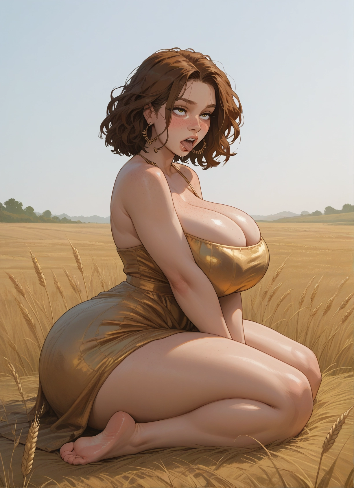 1girl, breasts, brown hair, solo, barefoot, dress · Yamete.gg