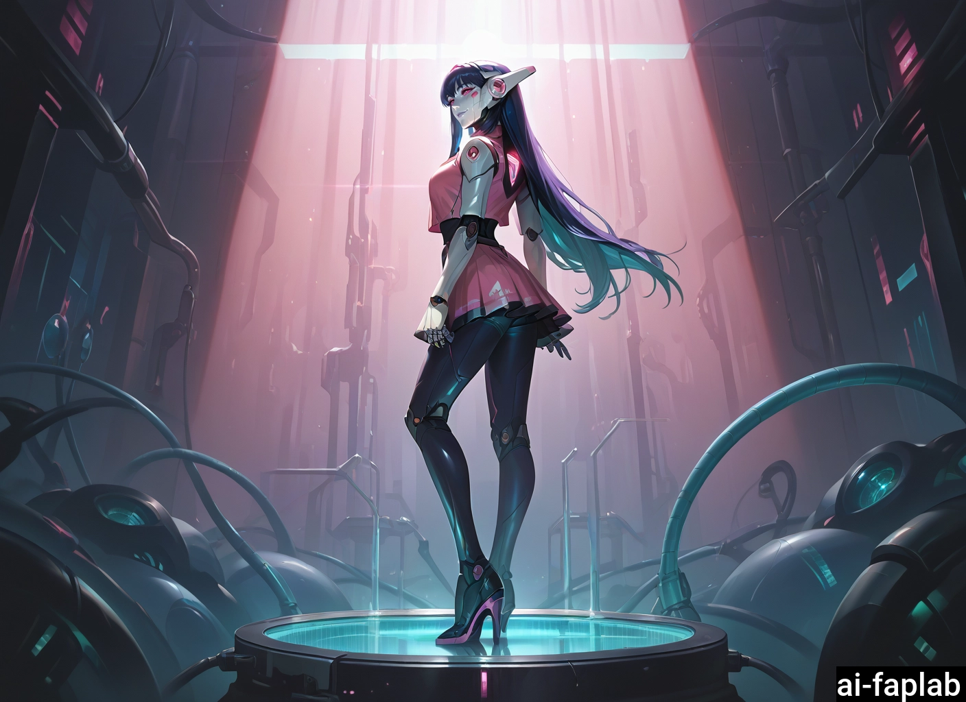 1girl, long hair, solo, high heels, looking at viewer, purple hair
