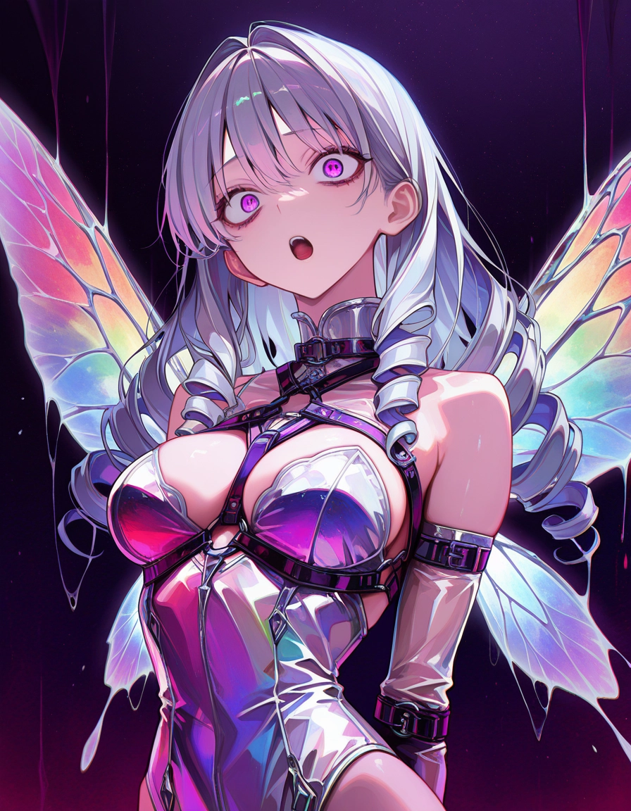 1girl, breasts, solo, wings, leotard, drill hair