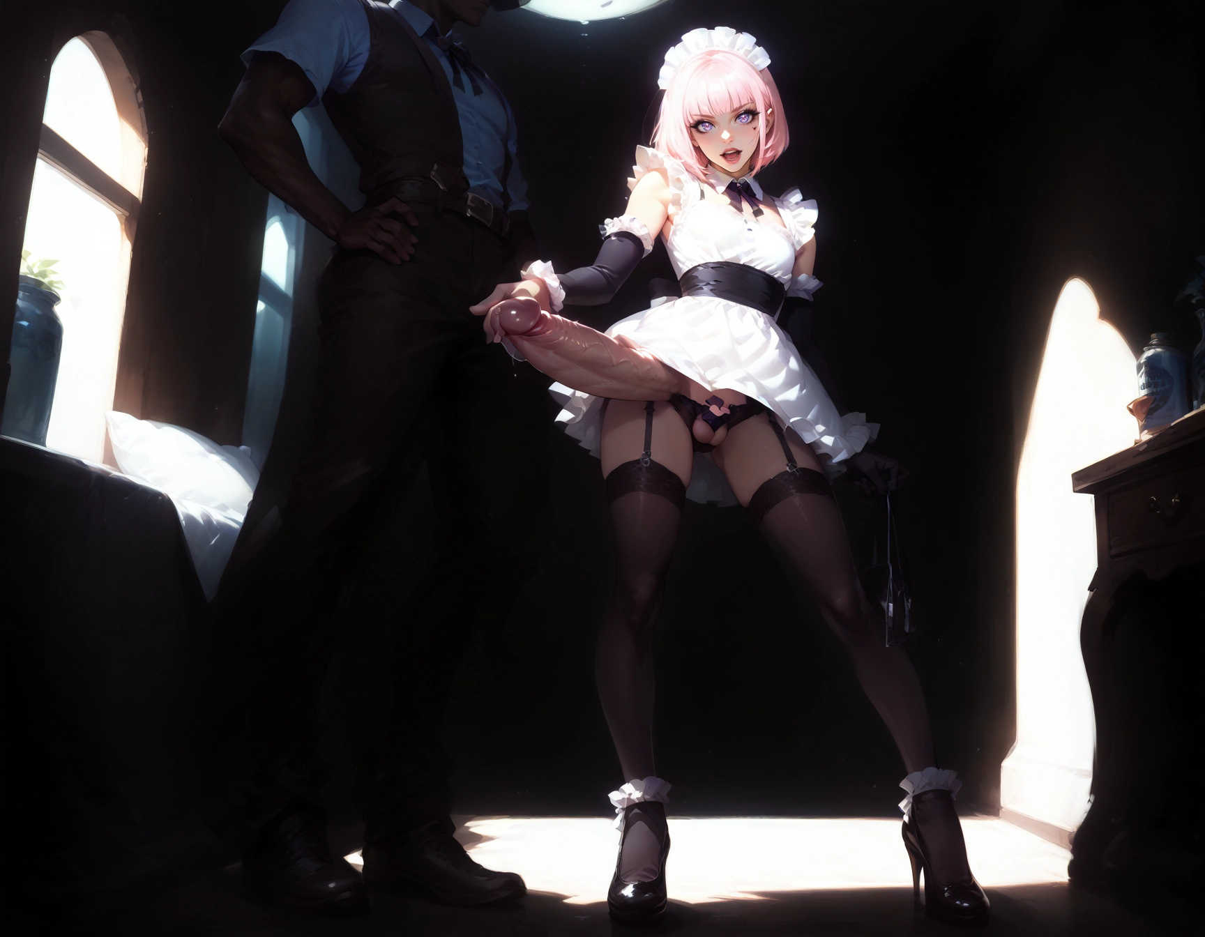 penis, pink hair, thighhighs, high heels, crotchless, gloves · Yamete.gg