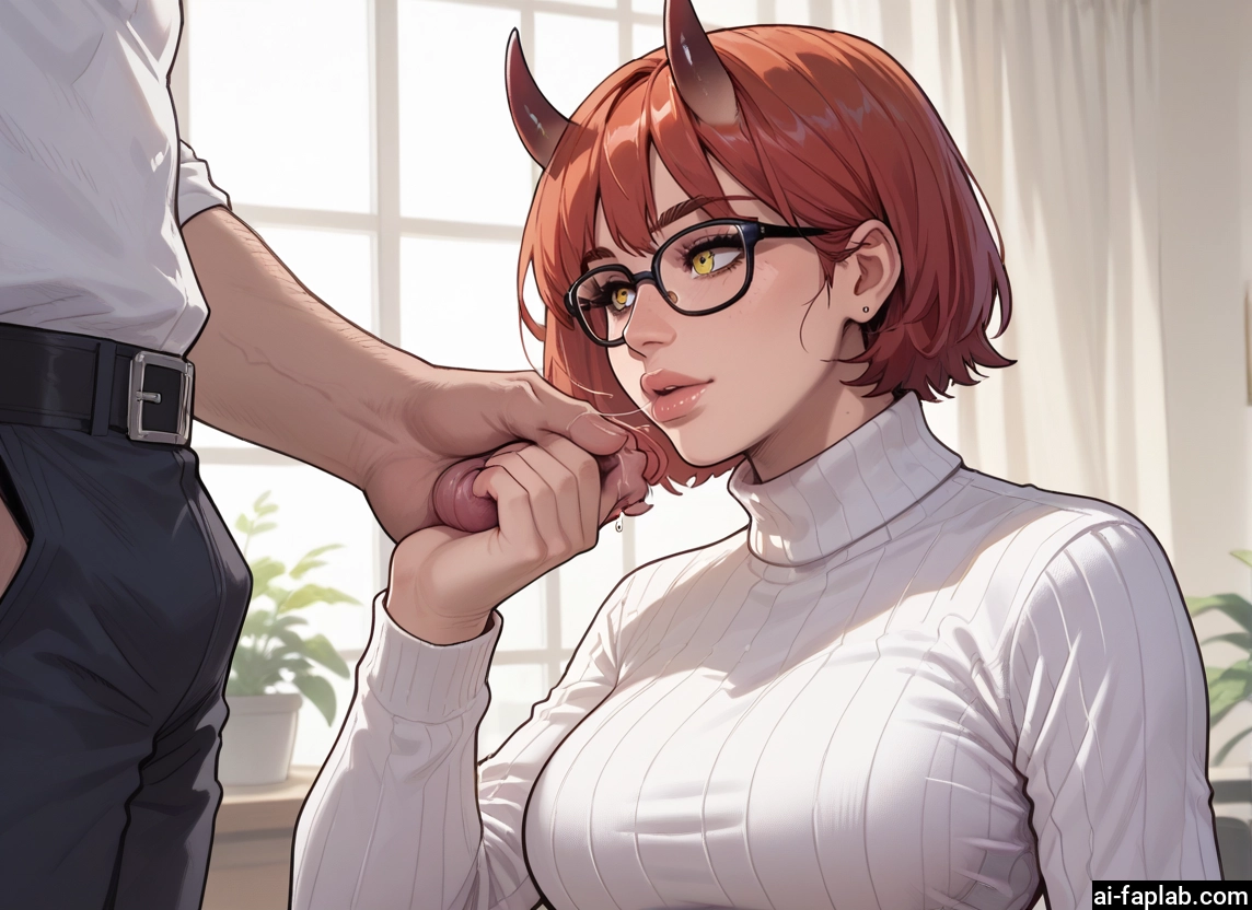 1girl, 1boy, horns, glasses, penis, sweater · Yamete.gg