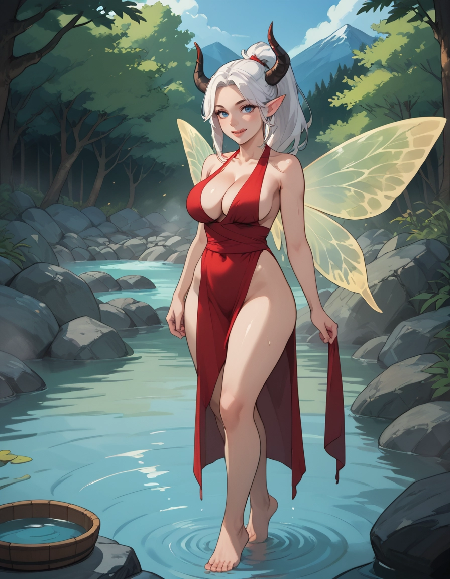 1girl, breasts, barefoot, solo, dress, pointy ears · Yamete.gg
