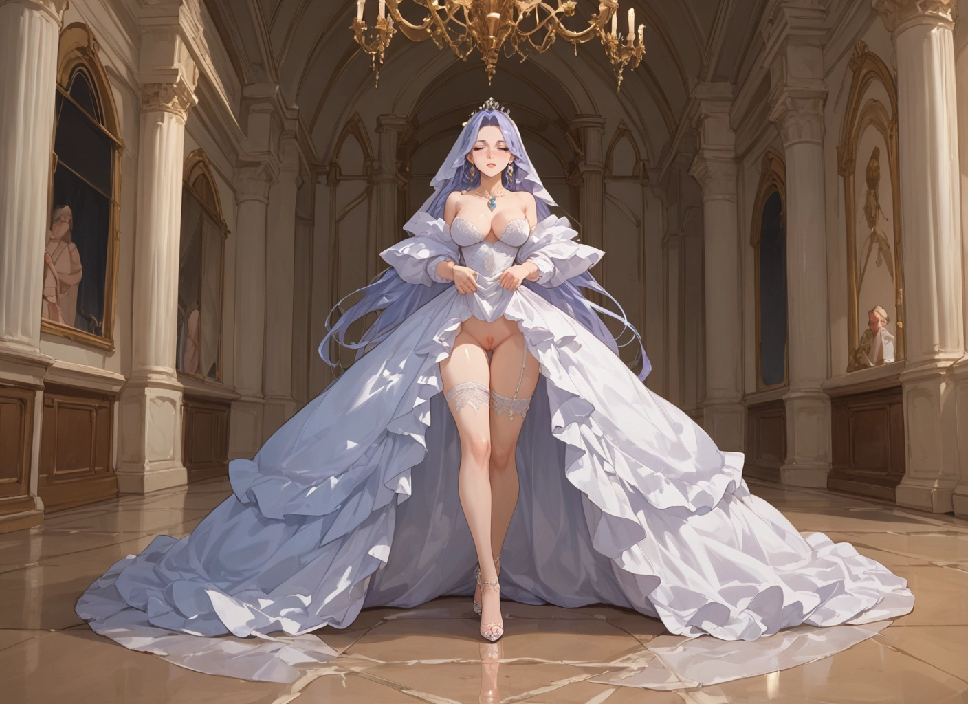 dress, breasts, 1girl, jewelry, long hair, wedding dress · Yamete.gg