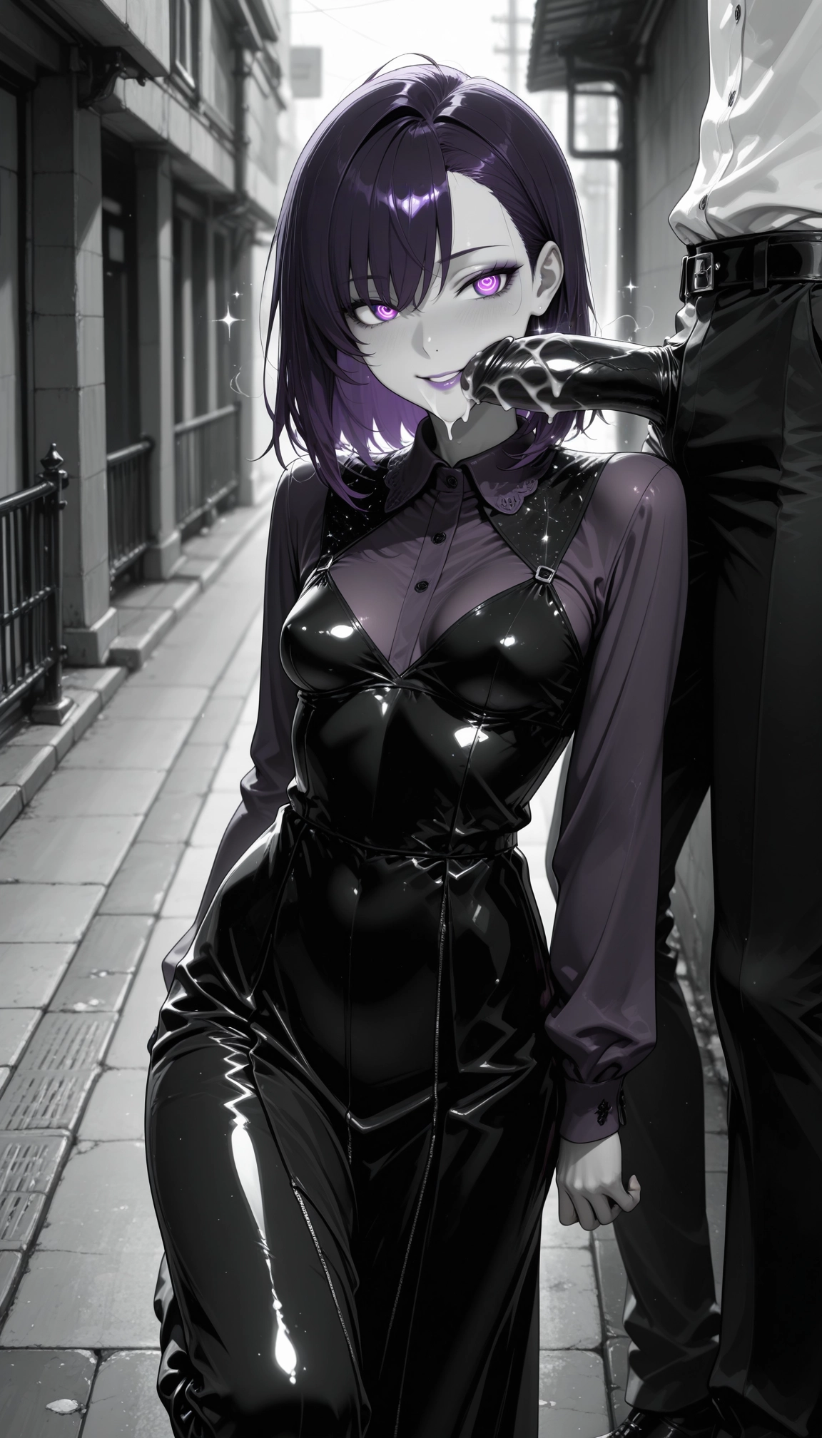 1girl, purple eyes, breasts, purple hair, looking at viewer, short hair · Yamete.gg