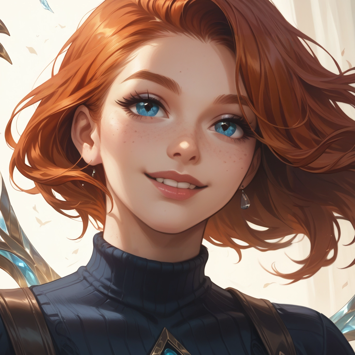 1girl, freckles, solo, smile, earrings, jewelry · Yamete.gg