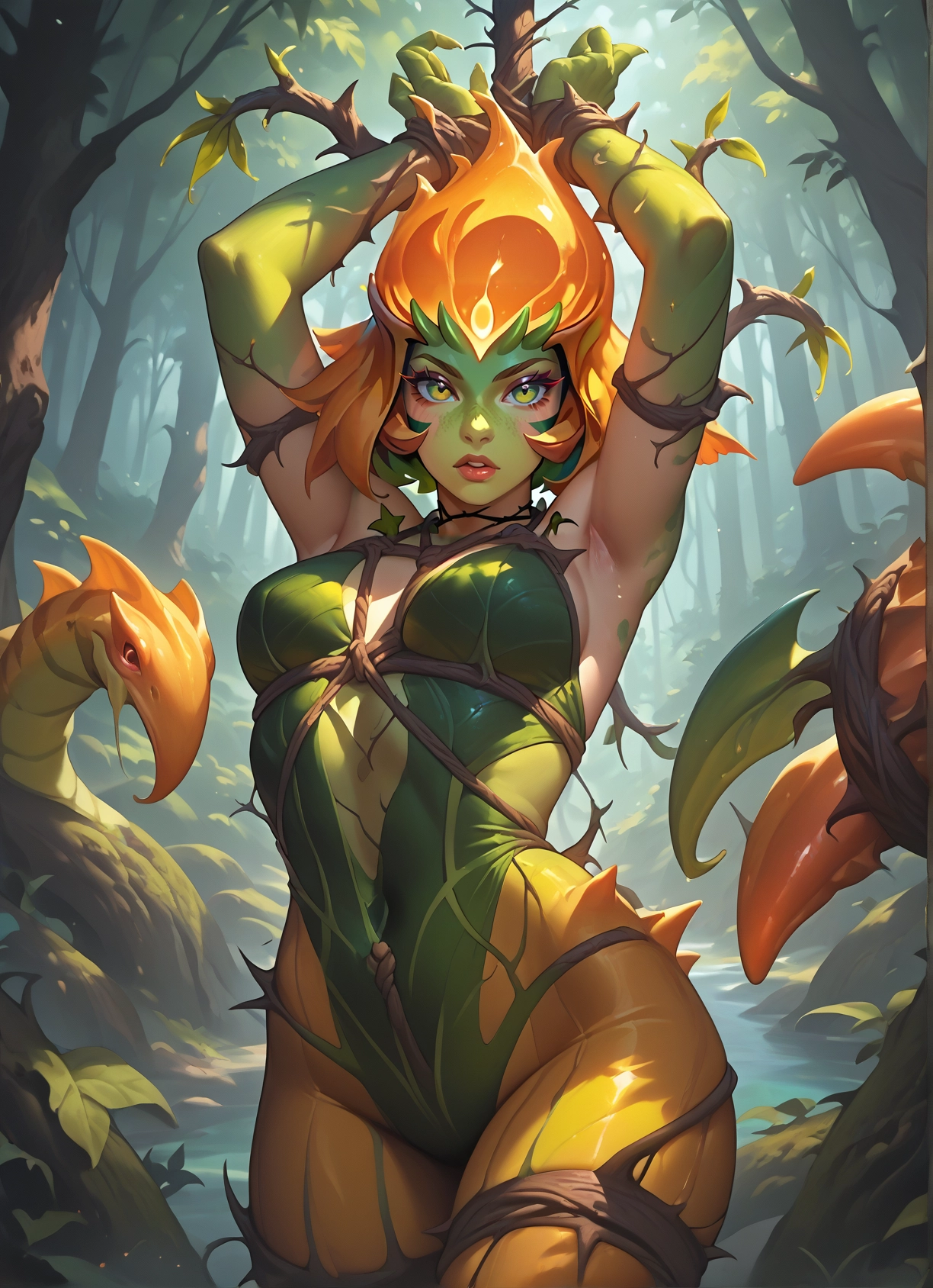1girl, plant, vines, green skin, breasts, nature · Yamete.gg