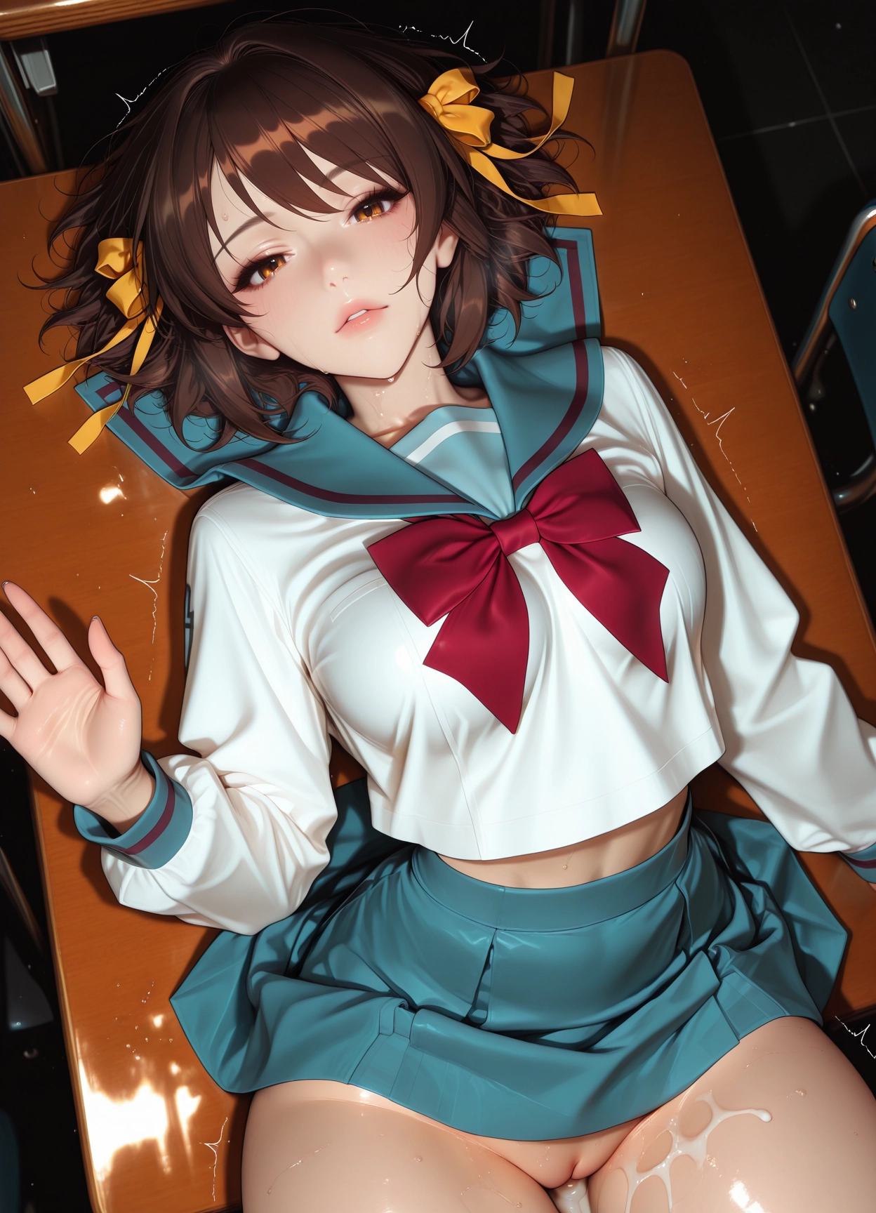 1girl, school uniform, solo, brown hair, suzumiya haruhi, serafuku · Yamete.gg