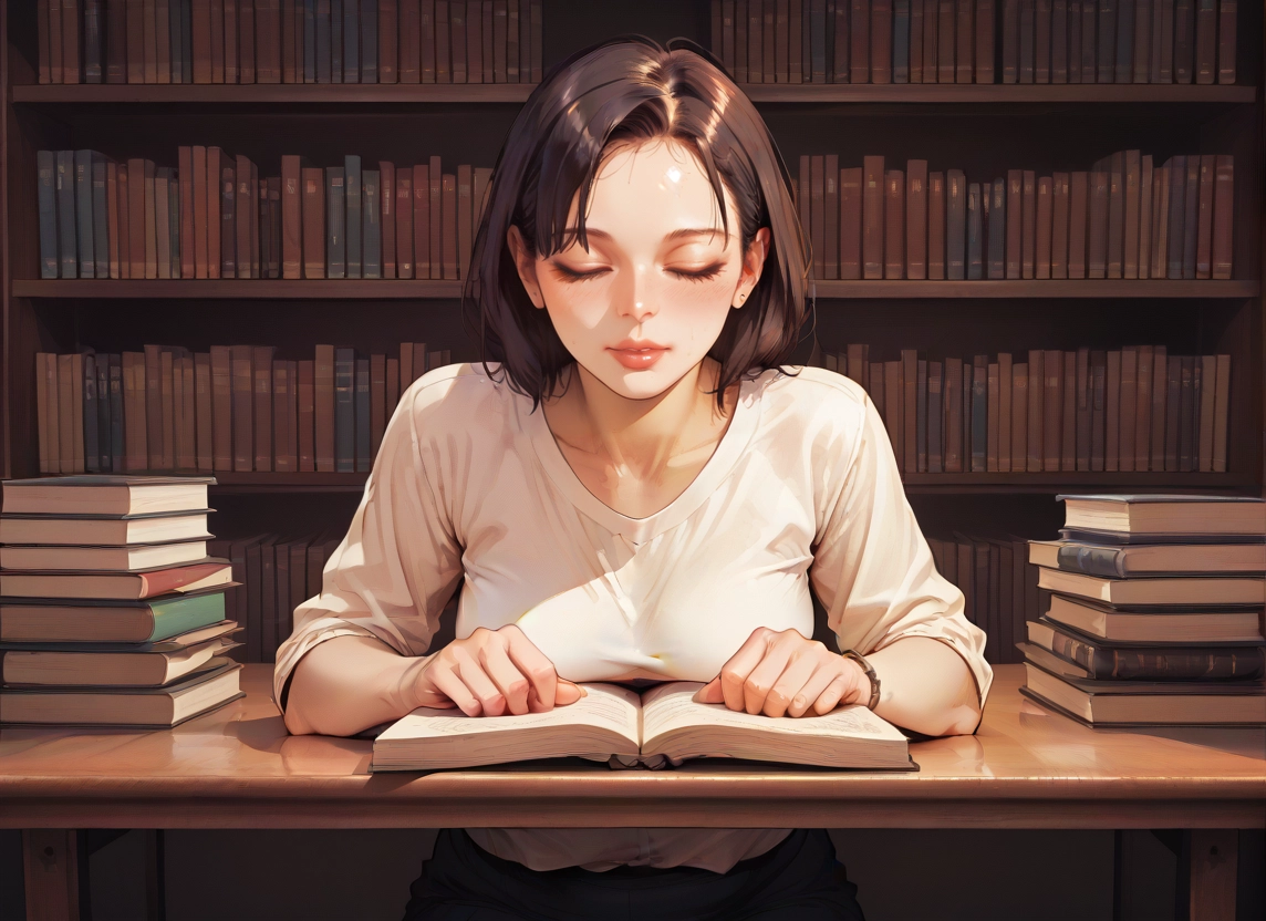 1girl, book, solo, closed eyes, bookshelf, shirt · Yamete.gg