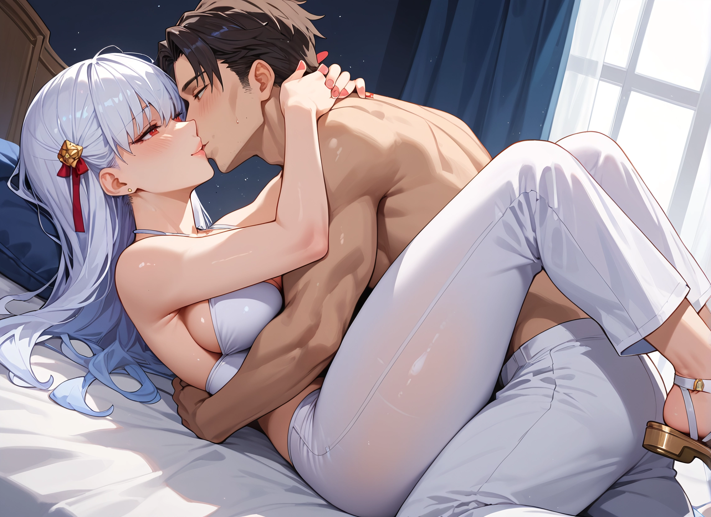 1girl, 1boy, breasts, hetero, pants, red eyes · Yamete.gg