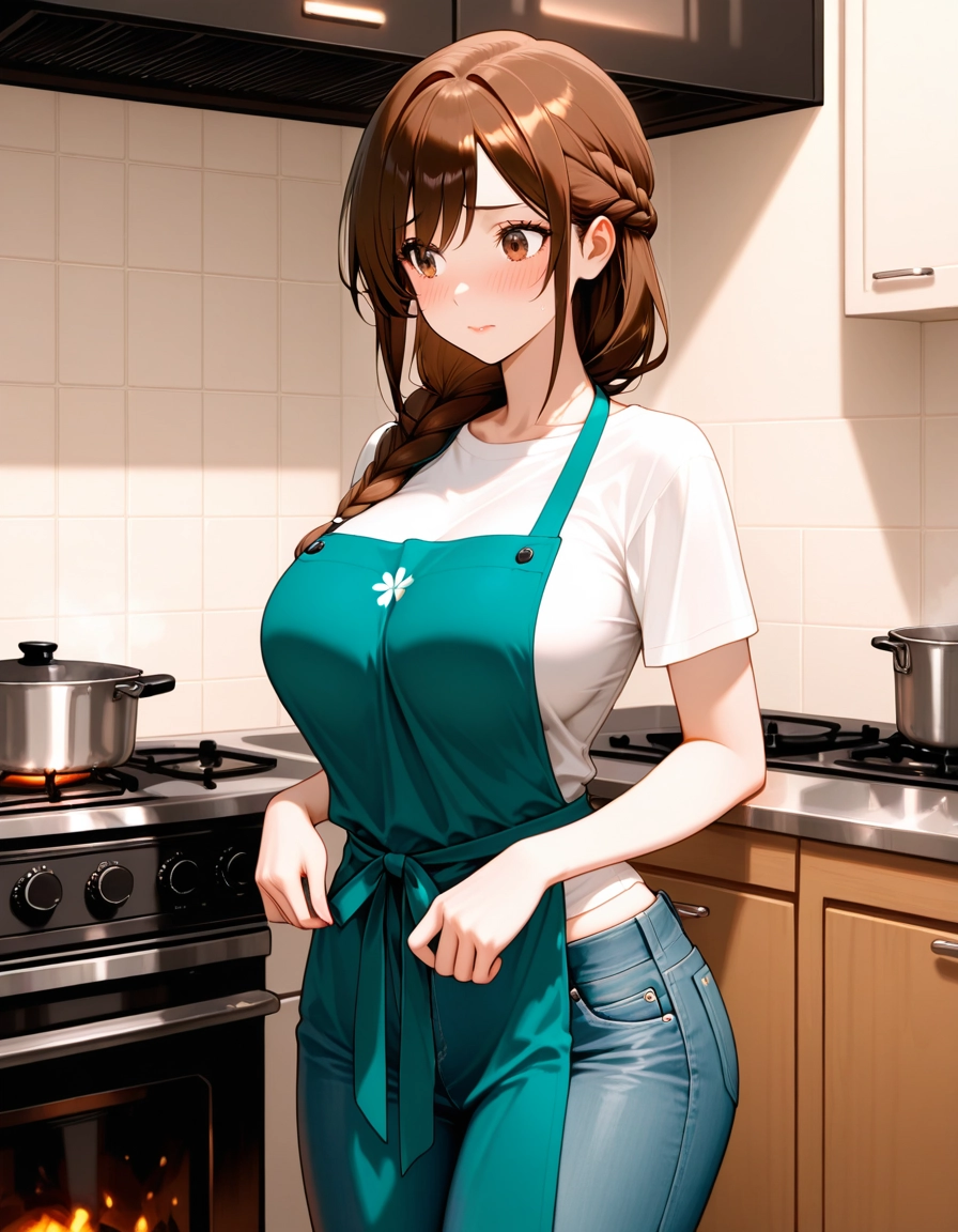 1girl, braid, denim, solo, breasts, pants · Yamete.gg