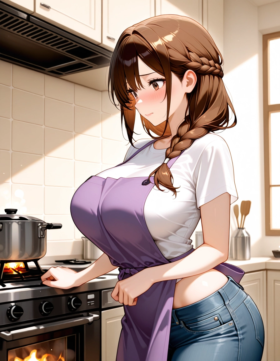 1girl, breasts, braid, cooking, stove, denim · Yamete.gg