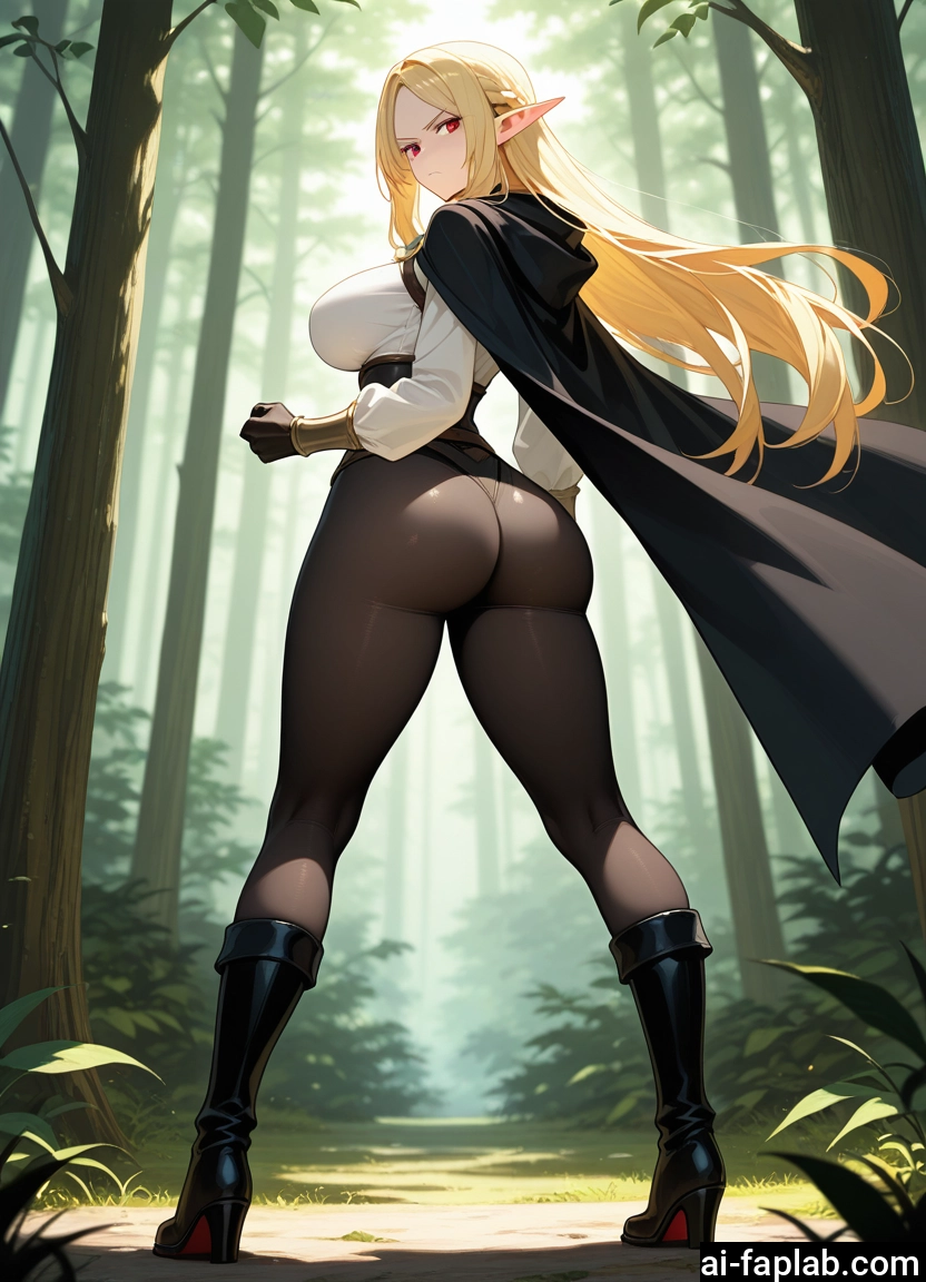 1girl, ass, pointy ears, breasts, long hair, blonde hair