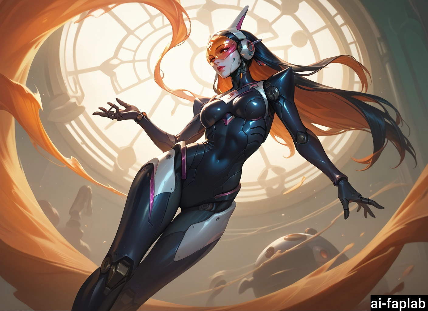 1girl, long hair, solo, breasts, bodysuit, d.va (overwatch) · Yamete.gg