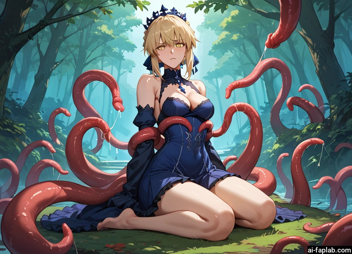 1girl, breasts, tentacles, yellow eyes, blonde hair, barefoot