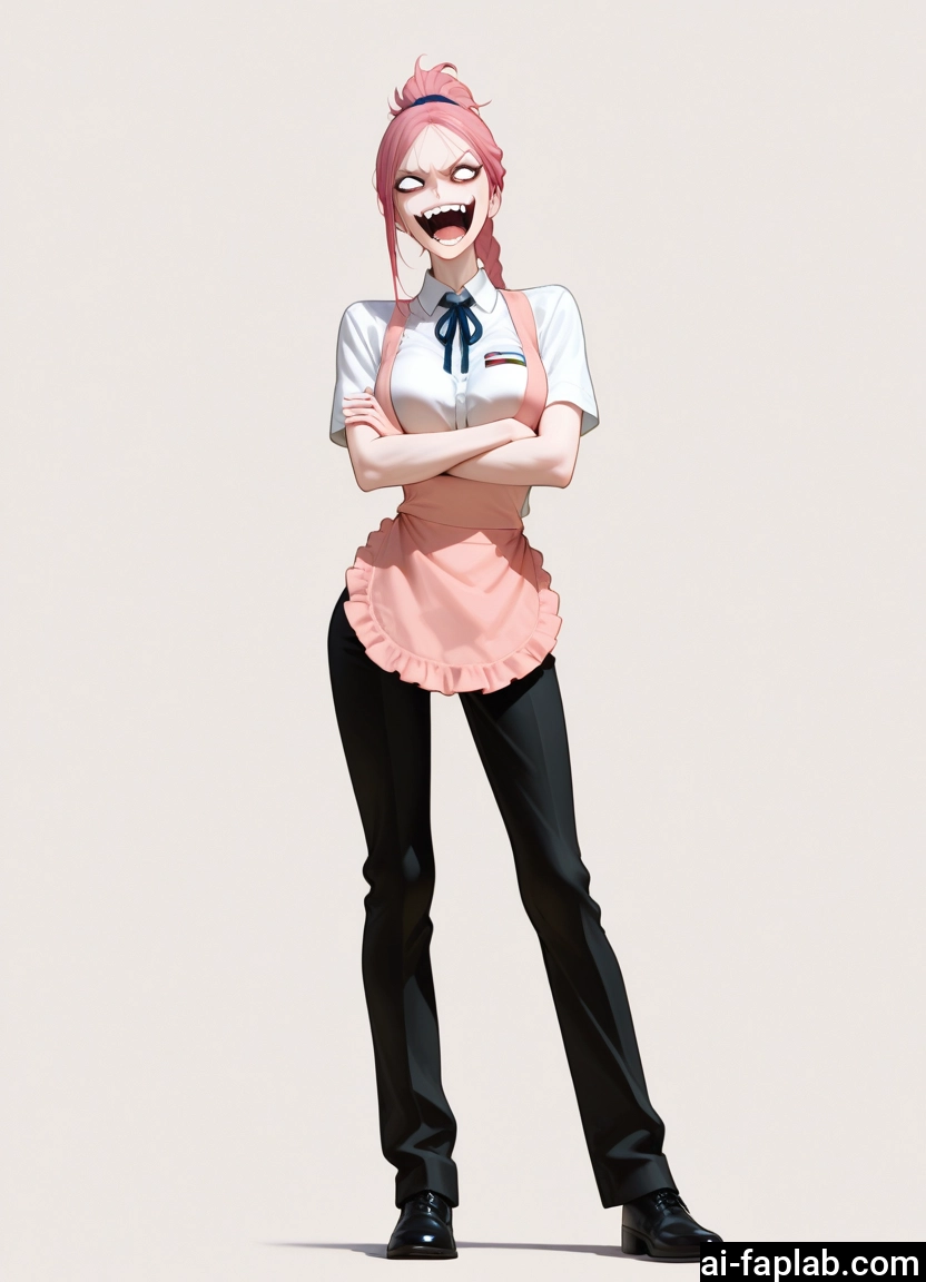 1girl, pink hair, apron, solo, teeth, crossed arms