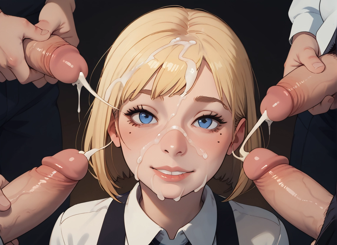 1girl, penis, blonde hair, multiple boys, cum, blue eyes