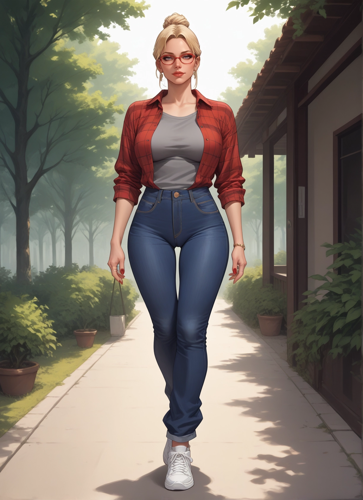 1girl, pants, blonde hair, glasses, bag, breasts · Yamete.gg