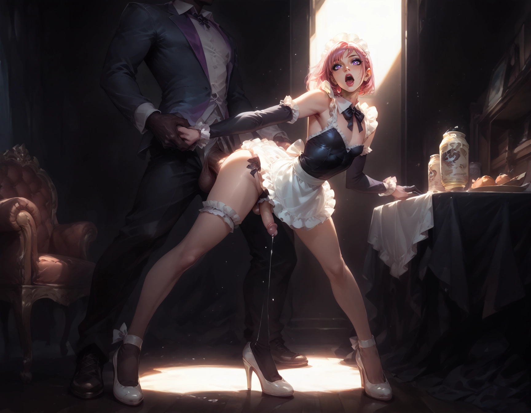 yaoi, bridal garter, penis, high heels, maid headdress, open mouth