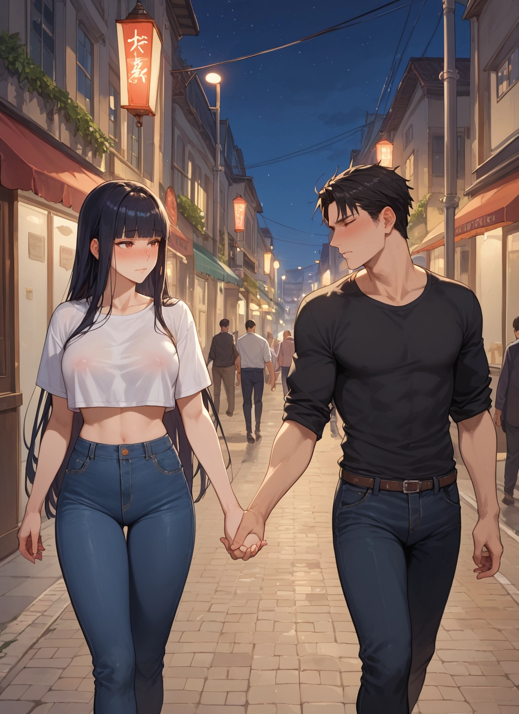 long hair, black hair, pants, breasts, shirt, blush · Yamete.gg