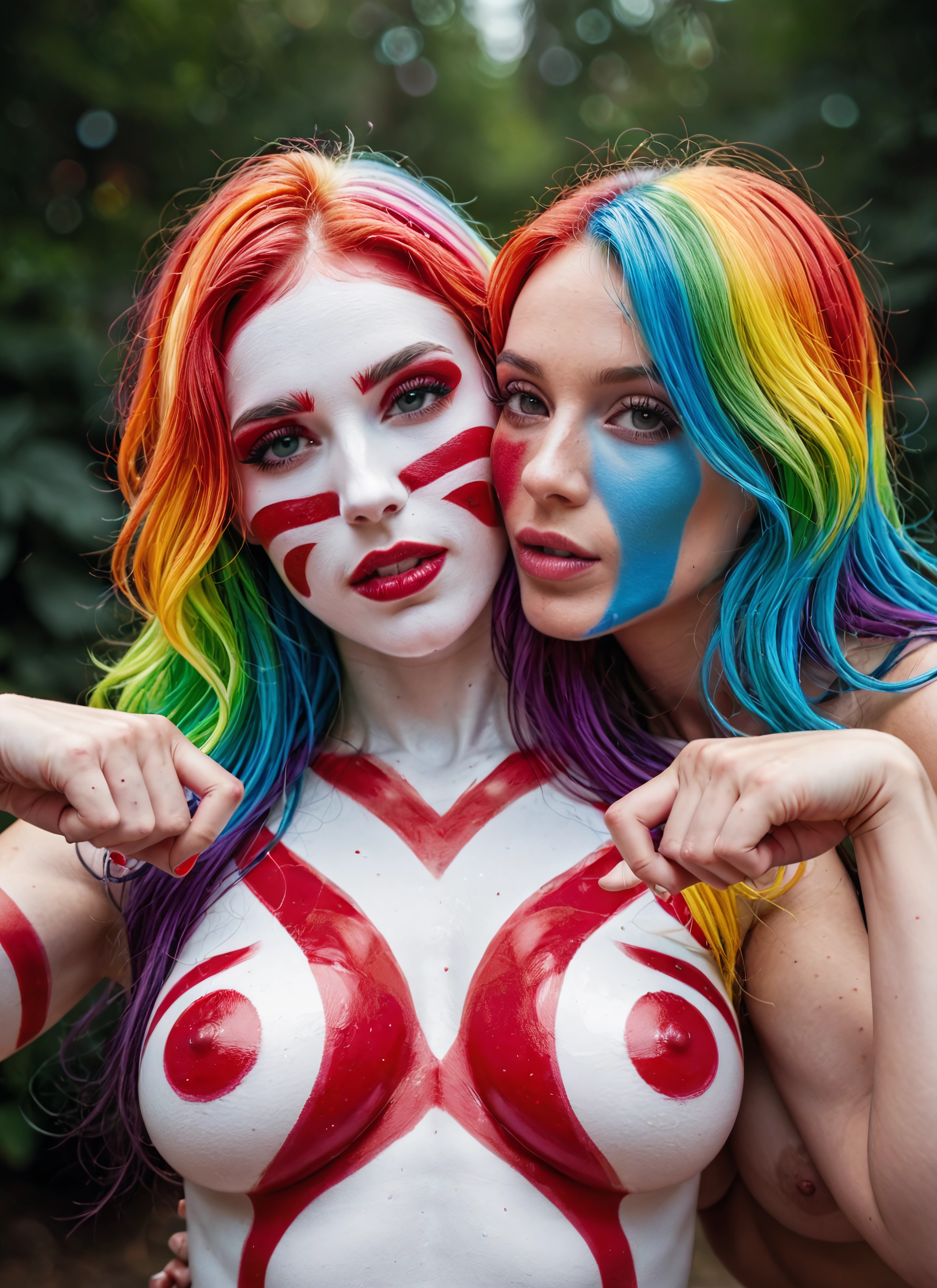 breasts, 2girls, multiple girls, nipples, multicolored hair, nude · Yamete.gg