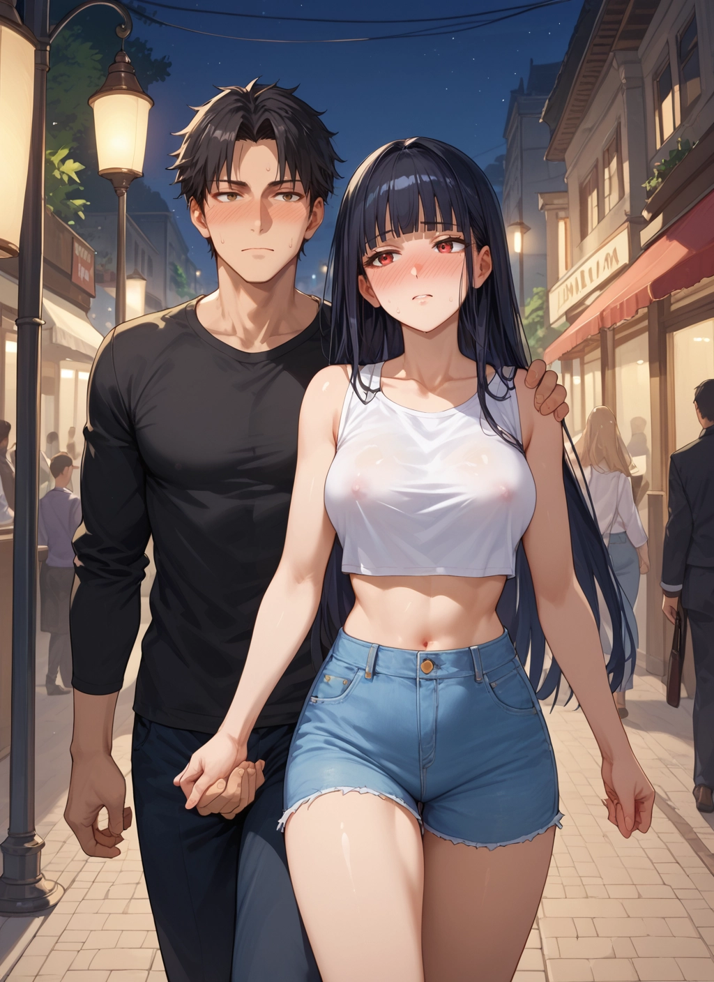 breasts, long hair, shorts, blush, black hair, navel · Yamete.gg
