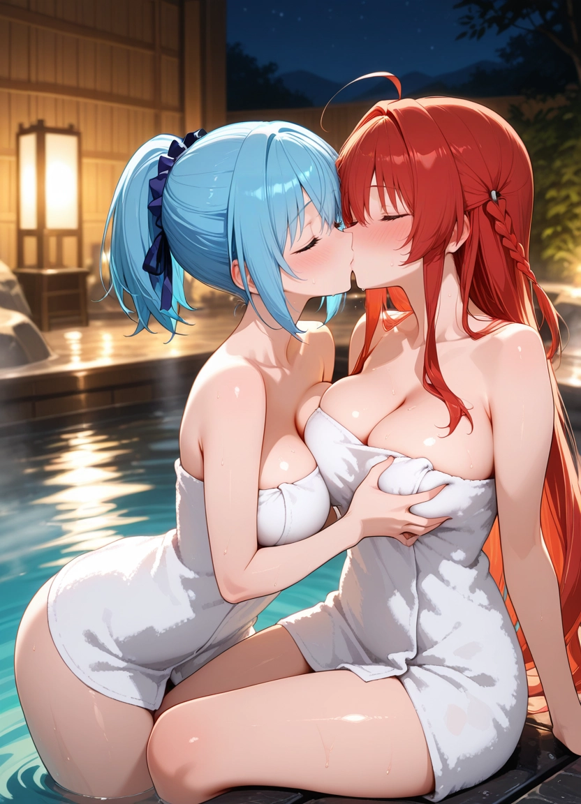 breasts, multiple girls, 2girls, towel, yuri, kiss · Yamete.gg