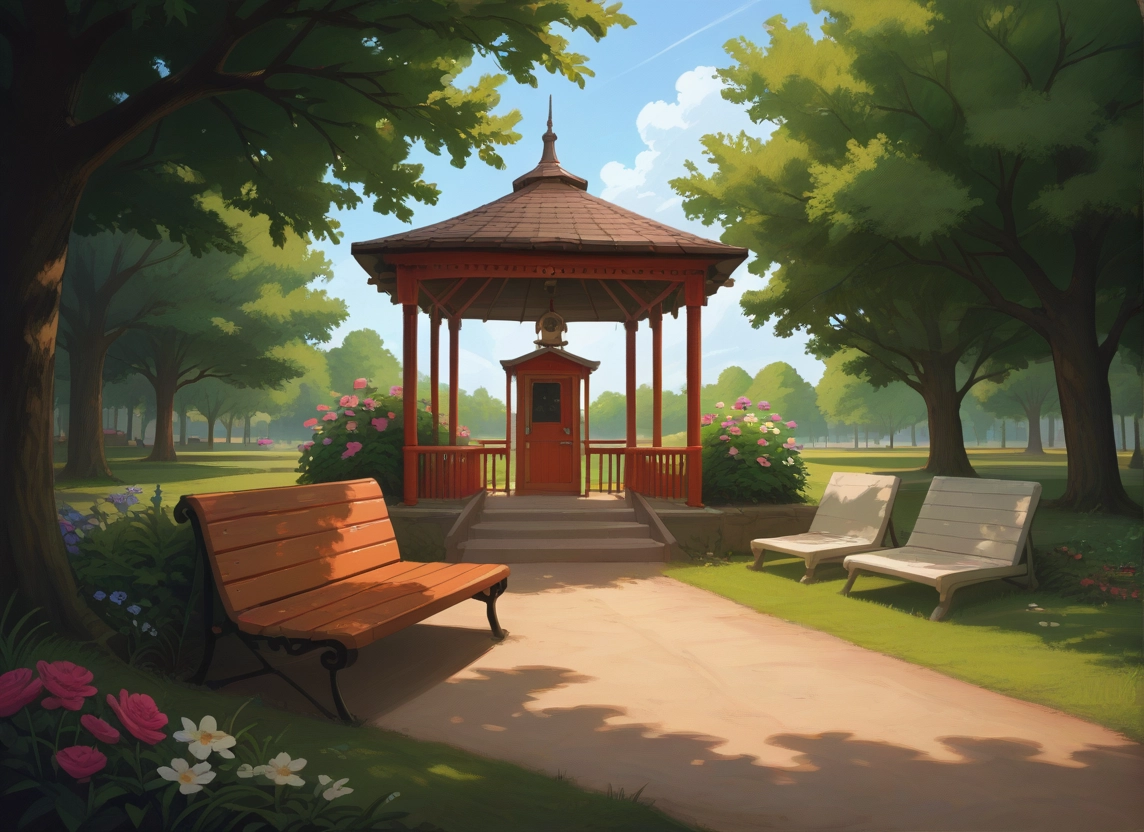 no humans, scenery, tree, flower, bench, sky