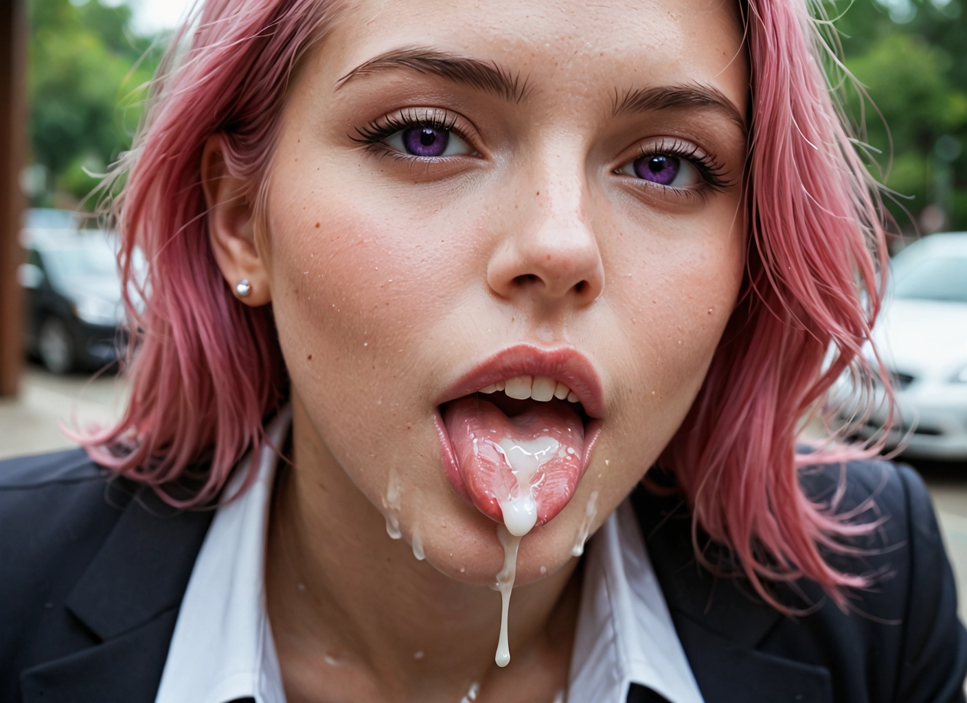 1girl, cum, solo, pink hair, cum in mouth, tongue · Yamete.gg