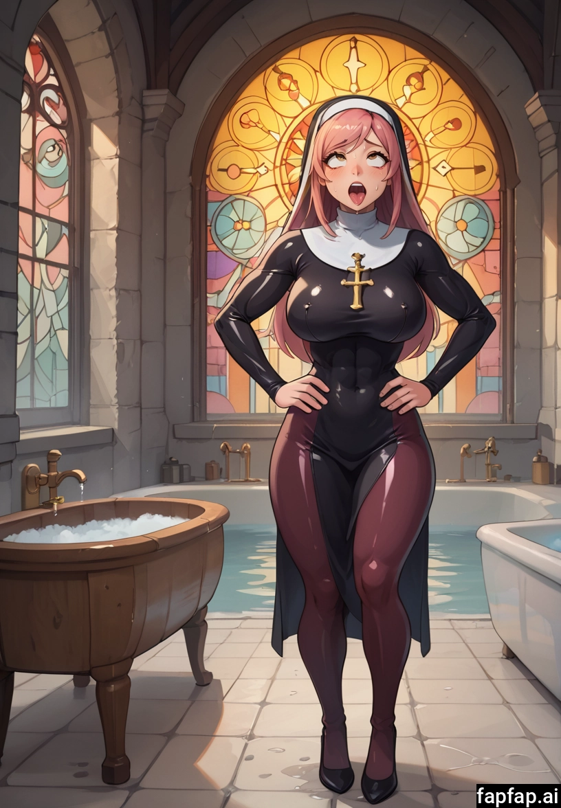 1girl, church, breasts, nun, solo, open mouth