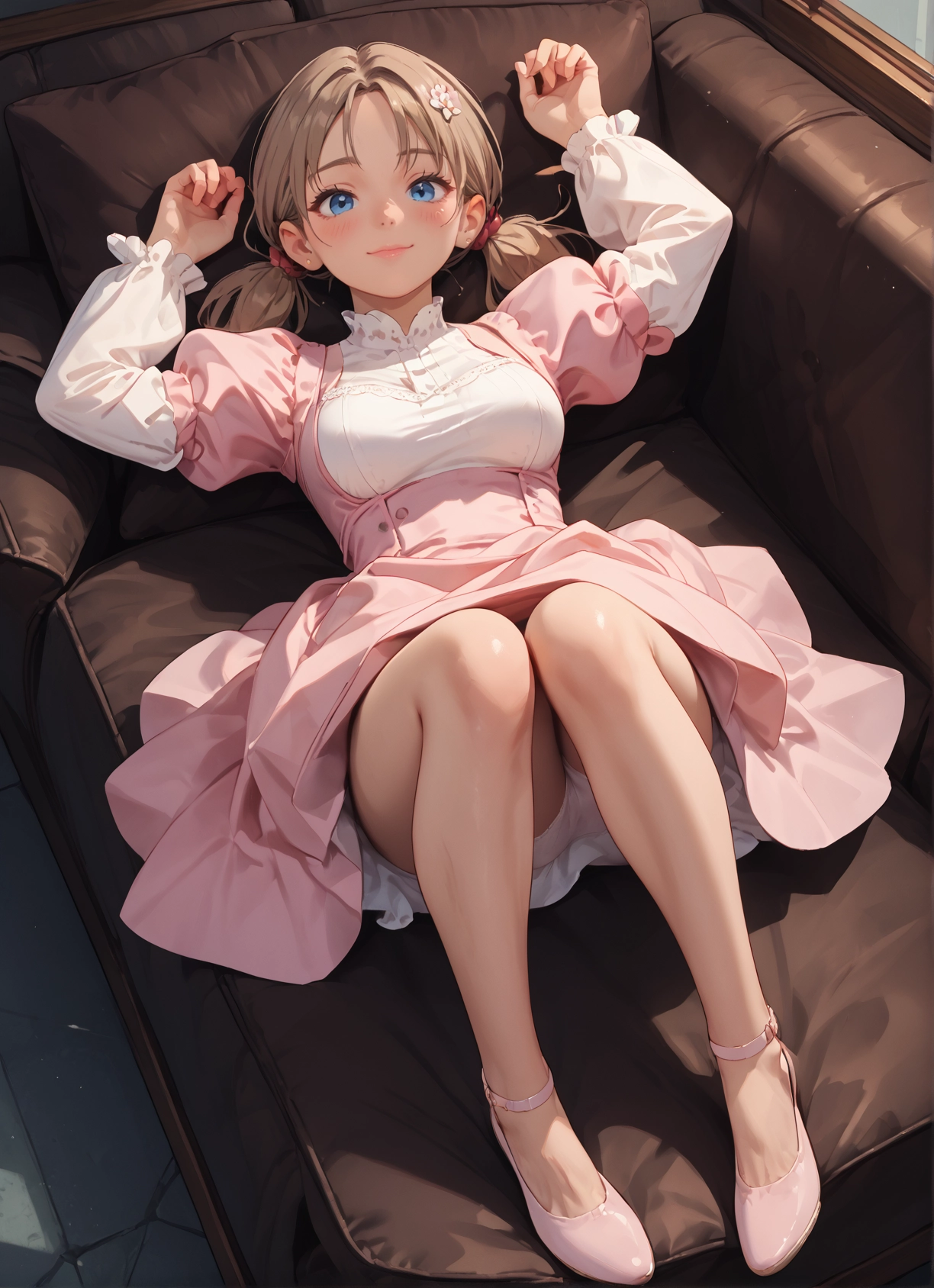 1girl, solo, blue eyes, dress, lying, twintails · Yamete.gg