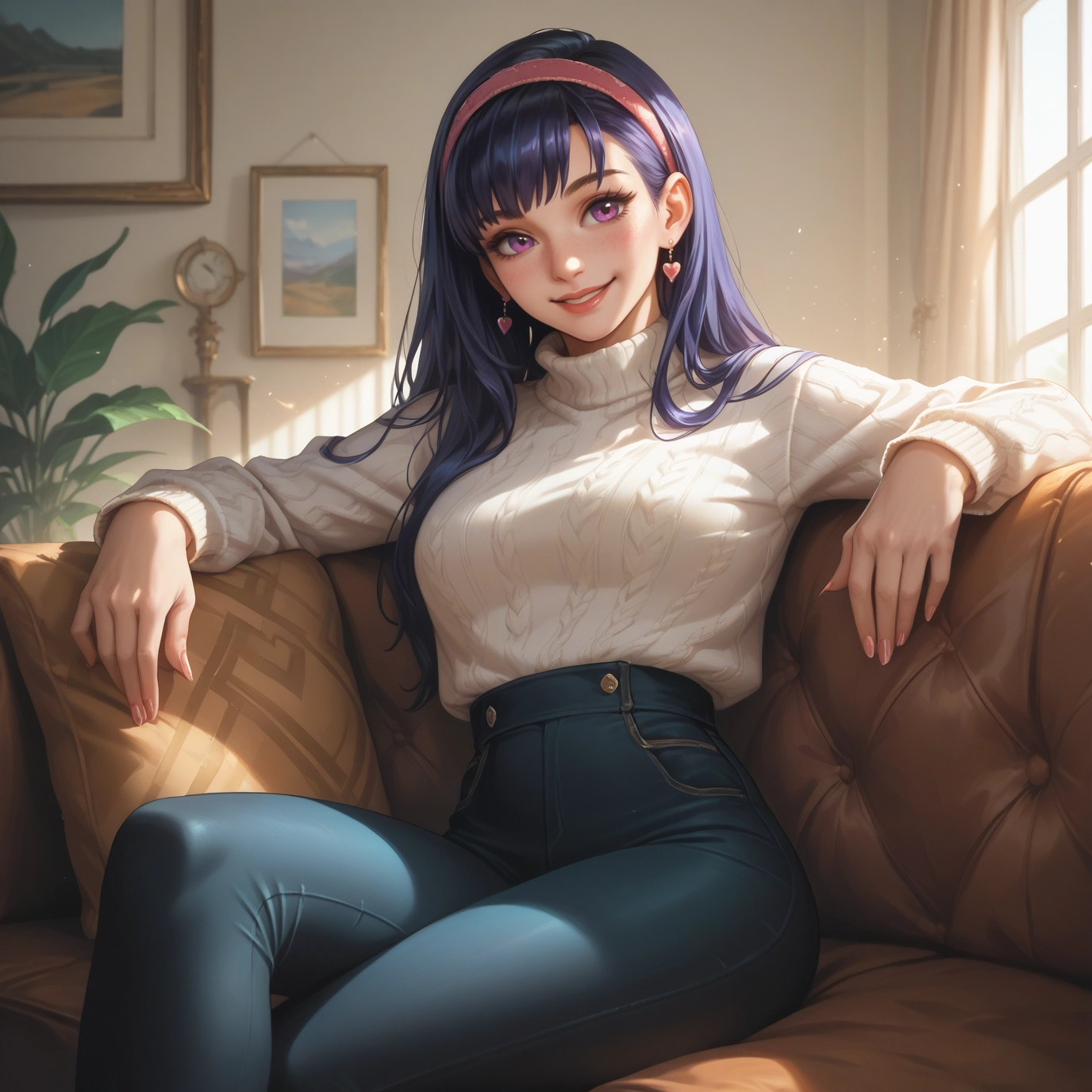 1girl, jewelry, sweater, earrings, pants, solo · Yamete.gg