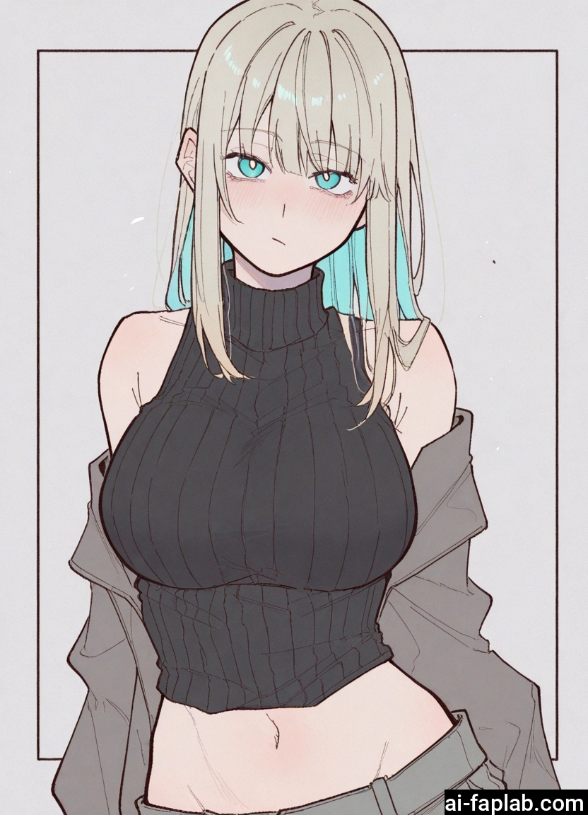 1girl, breasts, solo, navel, large breasts, sweater