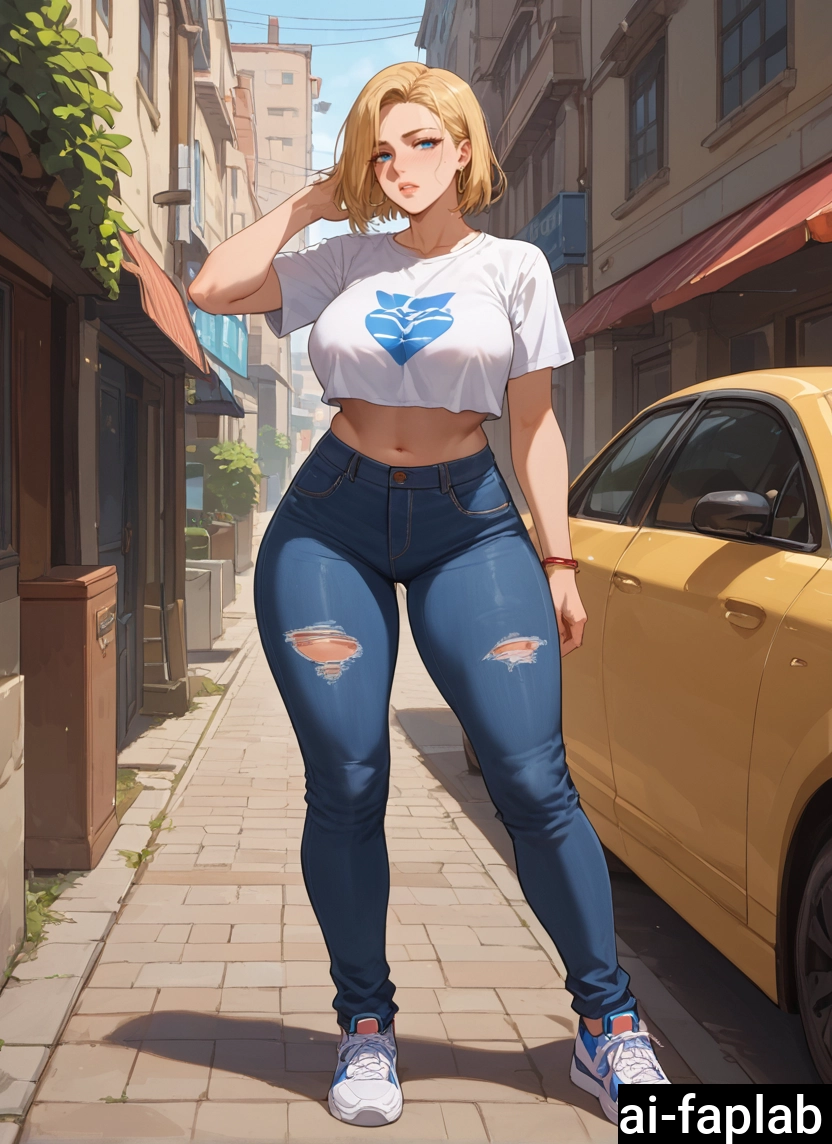1girl, car, android 18, blonde hair, motor vehicle, blue eyes · Yamete.gg