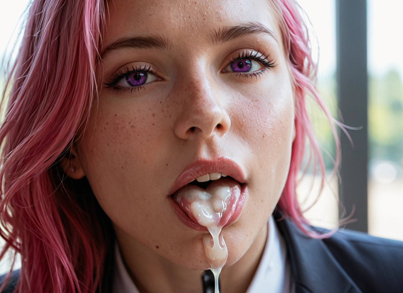 1girl, solo, pink hair, cum, cum in mouth, freckles · Yamete.gg